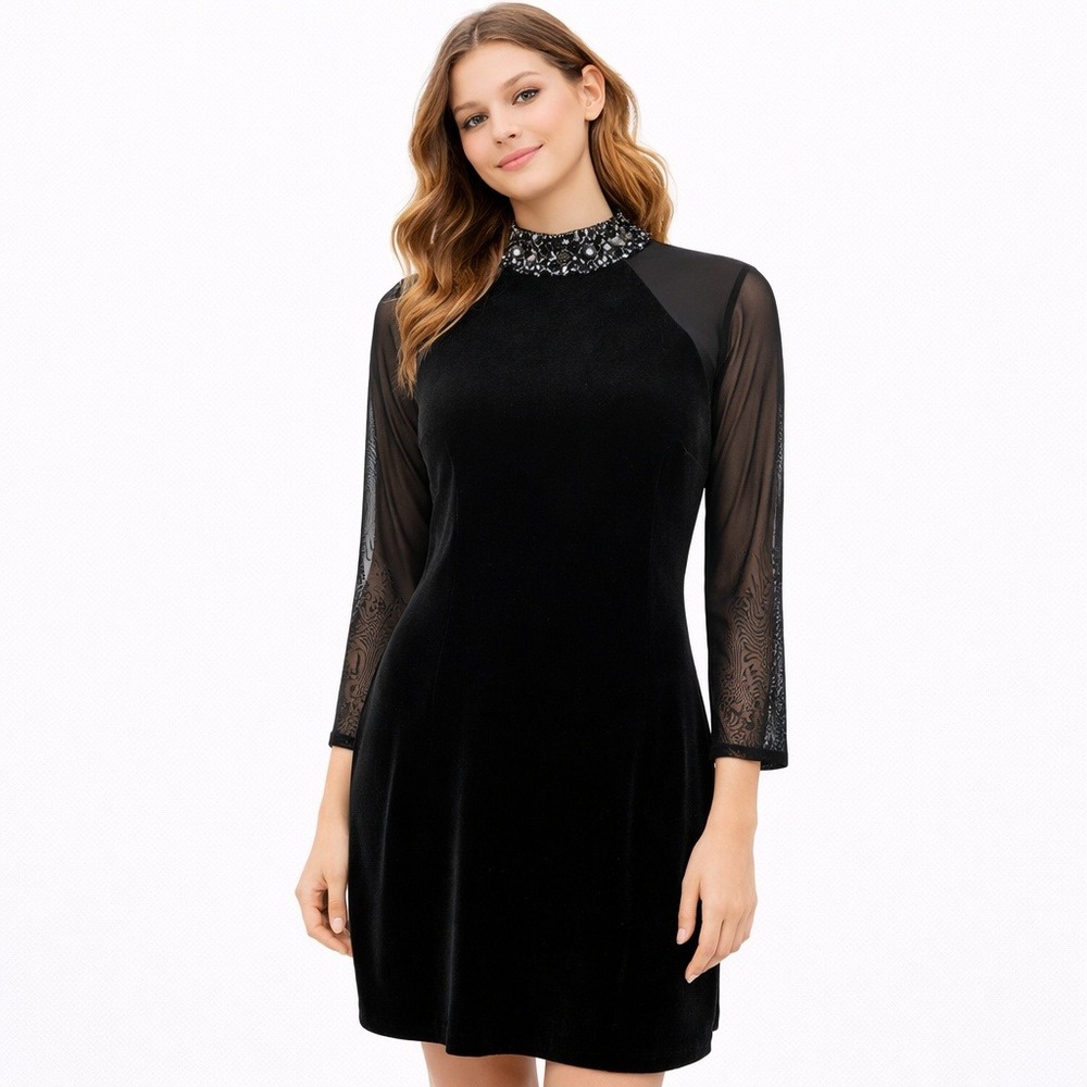 JR‎ Nites Women's Dress Black Velvet Mesh Sleeve Beaded Mock Neck Whimsy Goth 12